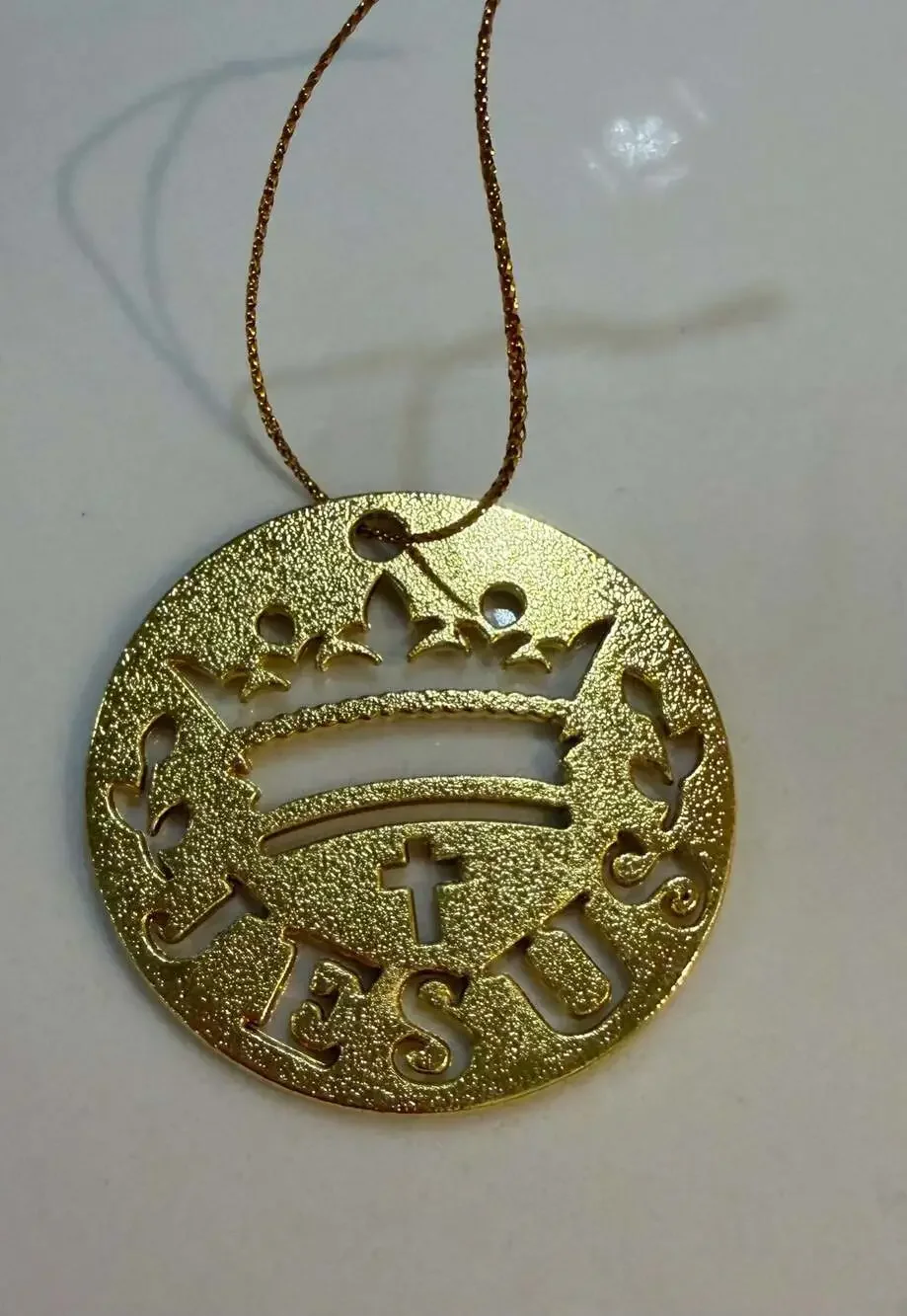 Jesus Crown and Cross Gold Tone Medallion Christmas Ornament